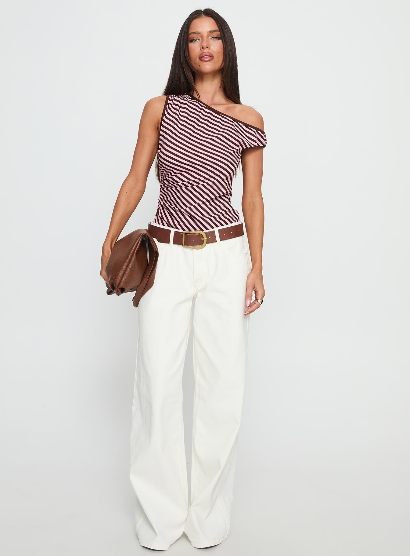 Ayviana One Shoulder Bodysuit Pink / Brown Stripe