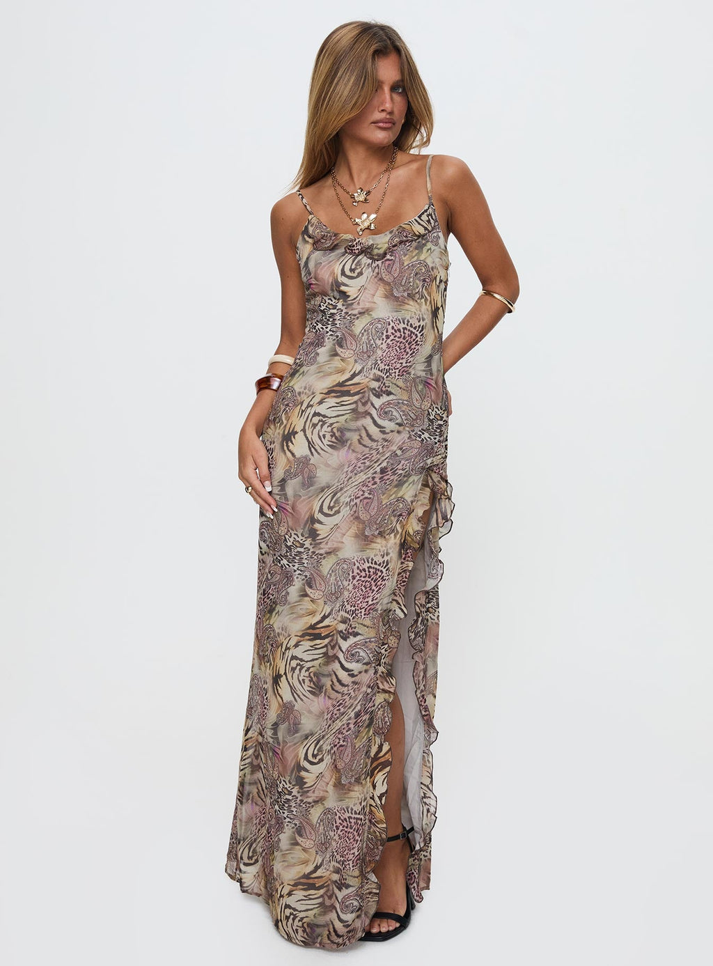 Sympathize Frill Split Maxi Dress Multi