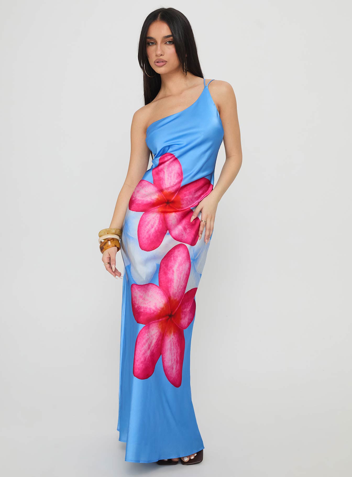 Meilana One Shoulder Maxi Dress Blue Floral