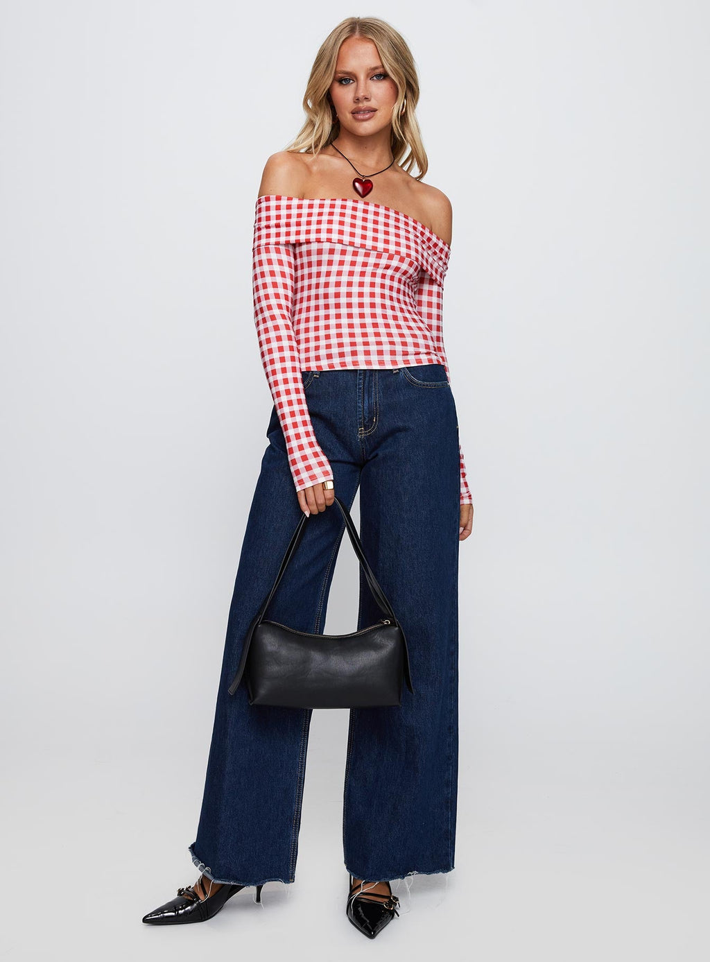 Singular Off The Shoulder Long Sleeve Top Red Check