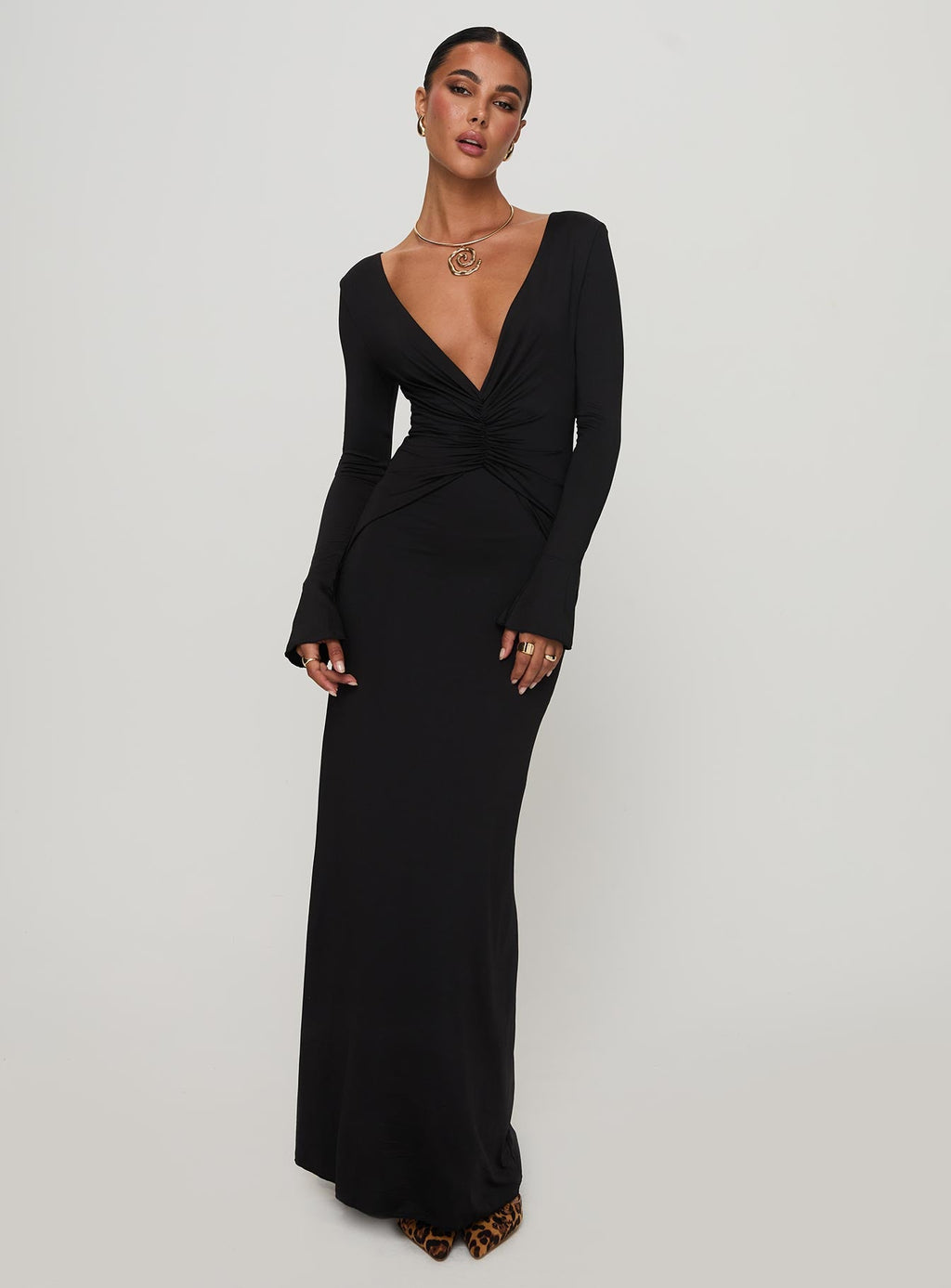 Lezure Plunge Long Sleeve Maxi Dress Black