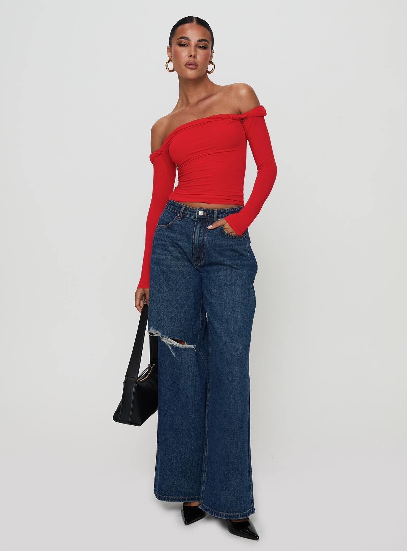 Naylor Rip Mid Rise Wide Leg Jeans Dark Blue Wash