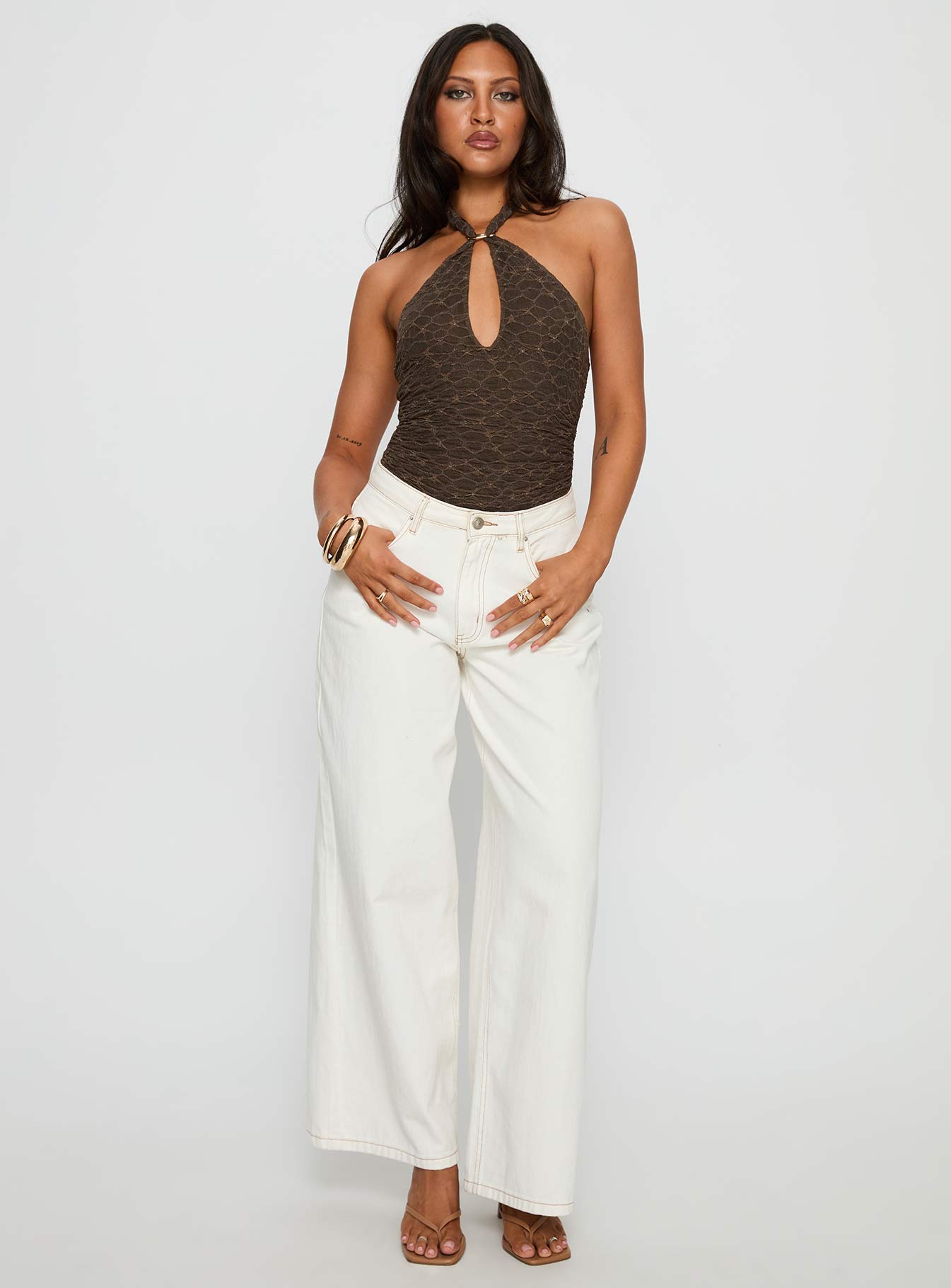 Libbey Hardware Detail Textured Bodysuit Brown