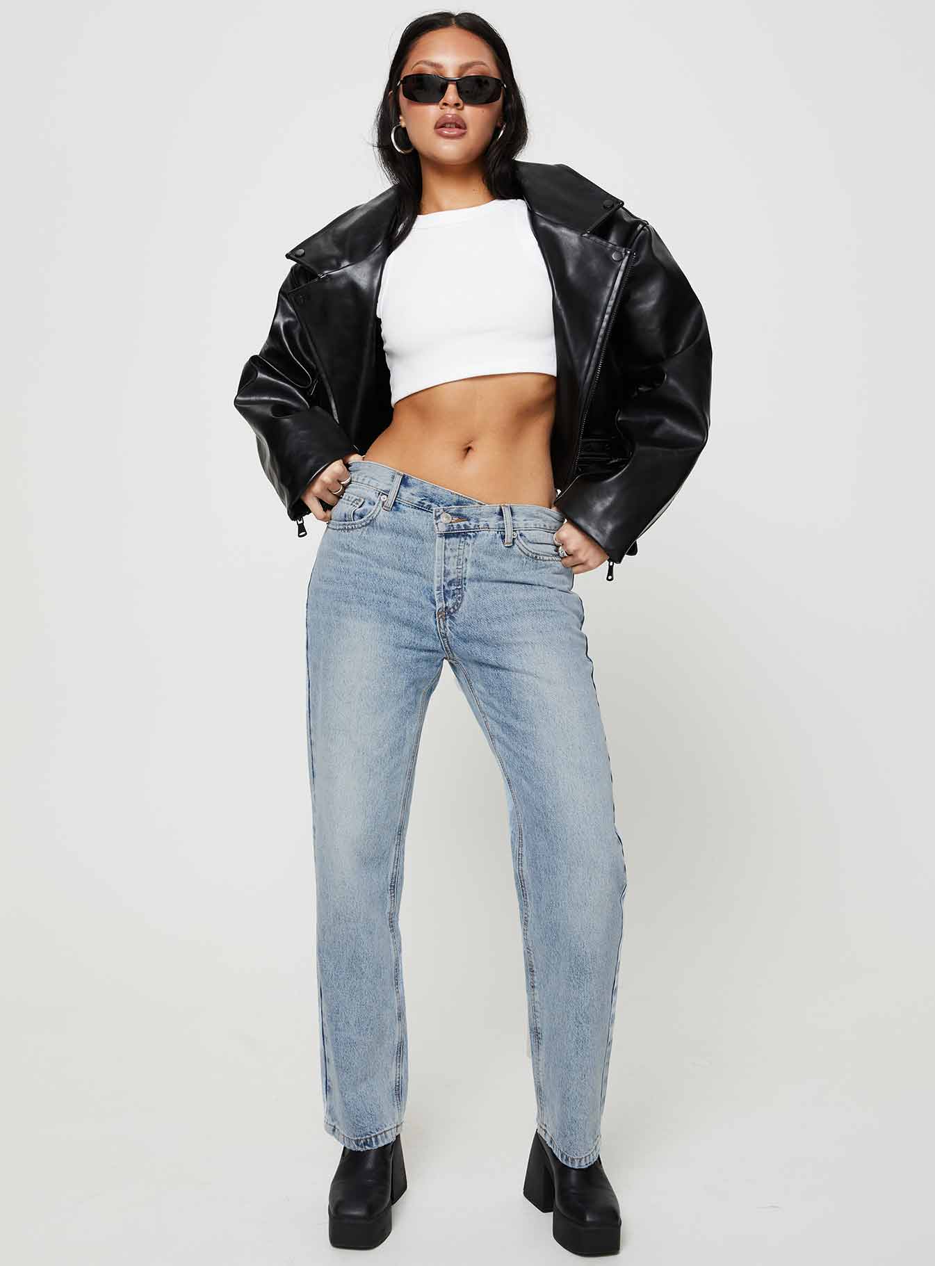 Holly Mid Rise Straight Leg Asymmetric Jean Light Wash Denim