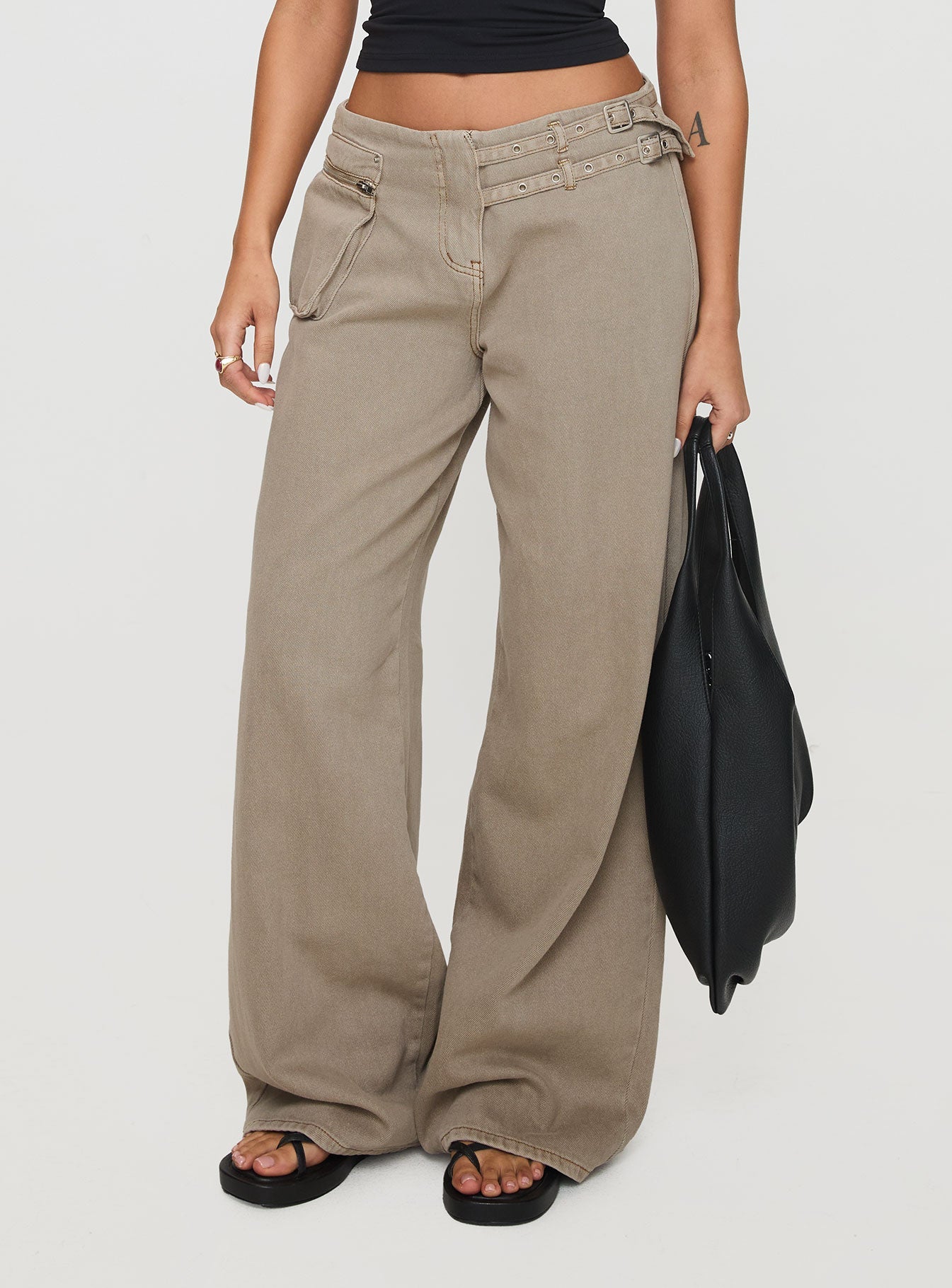 Paltrow Mid Rise Wide Leg Cargo Jeans Washed Brown Petite