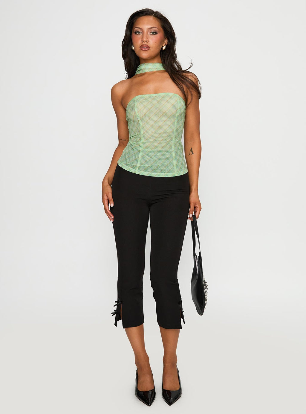 No Comparison Neck Tie Strapless Top Green Check