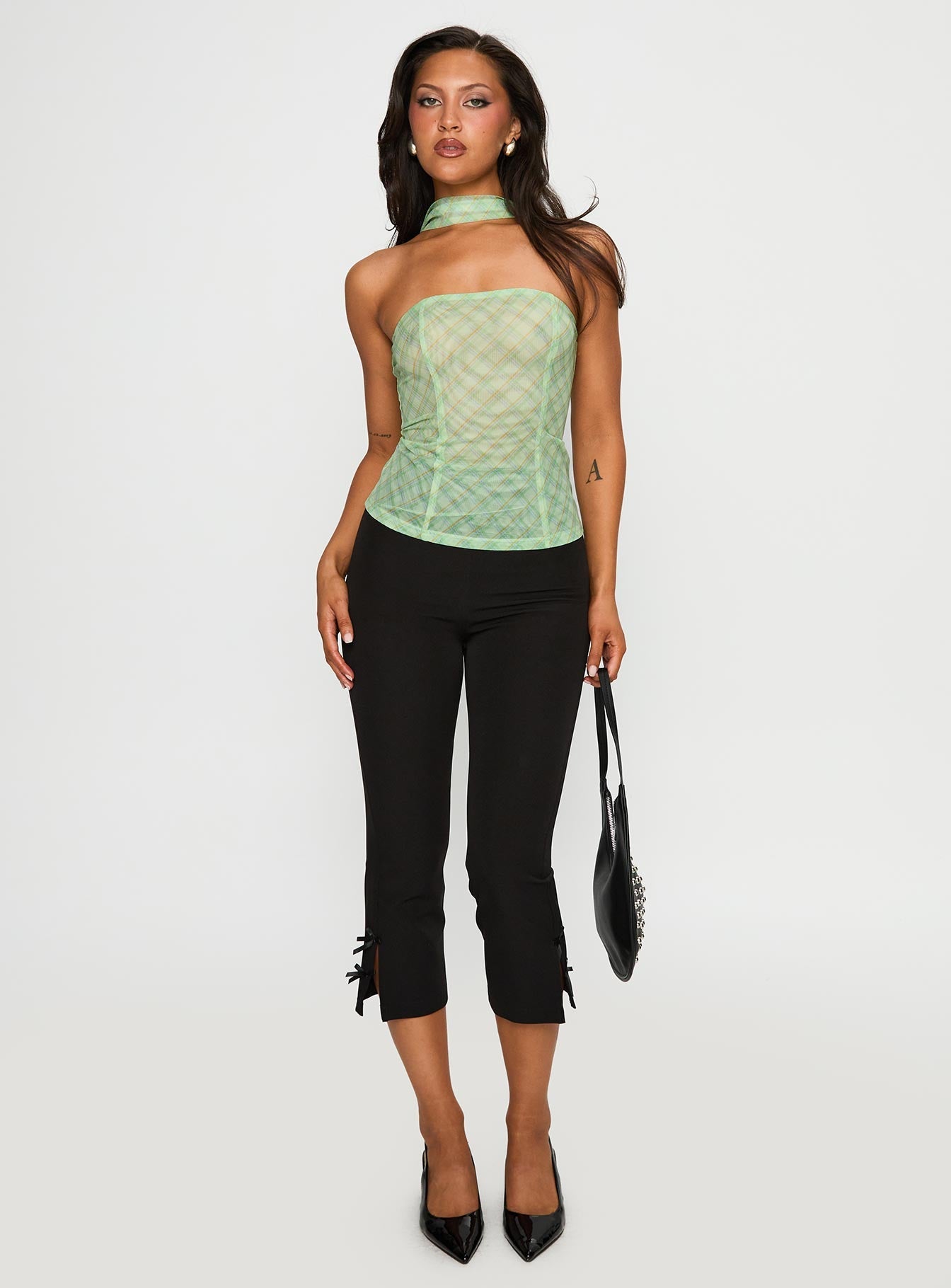 No Comparison Neck Tie Strapless Top Green Check