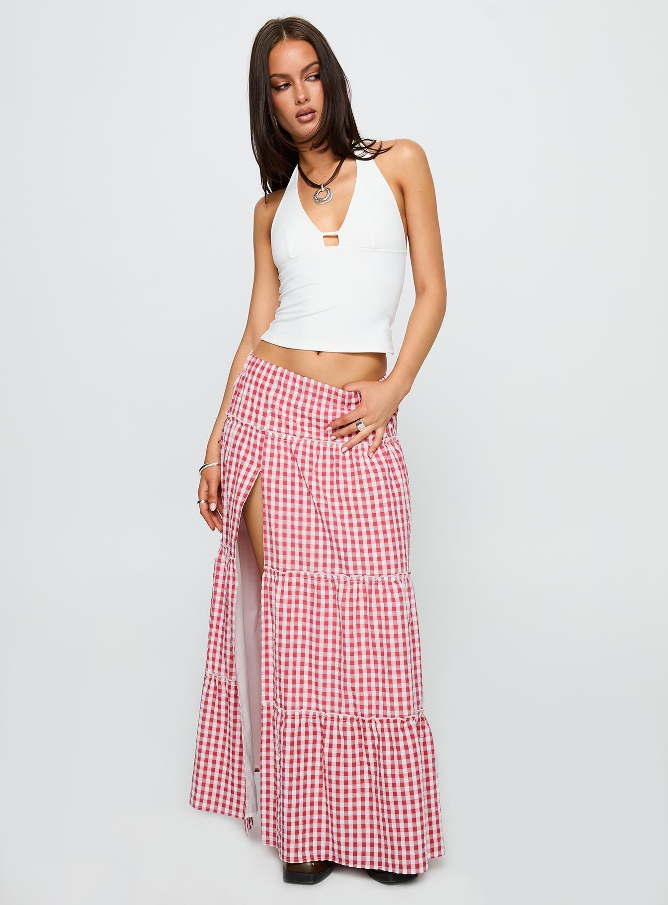 Ilaina Tiered Maxi Skirt Red Check