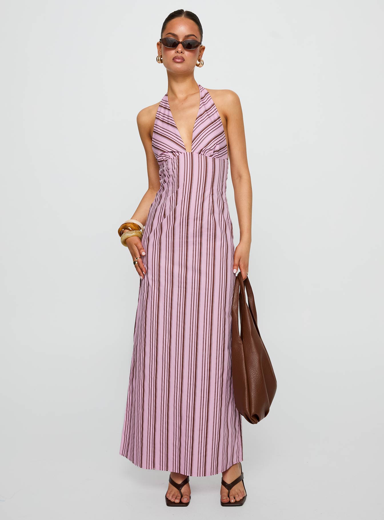 Avrie Halter Maxi Dress Pink / Brown Stripe