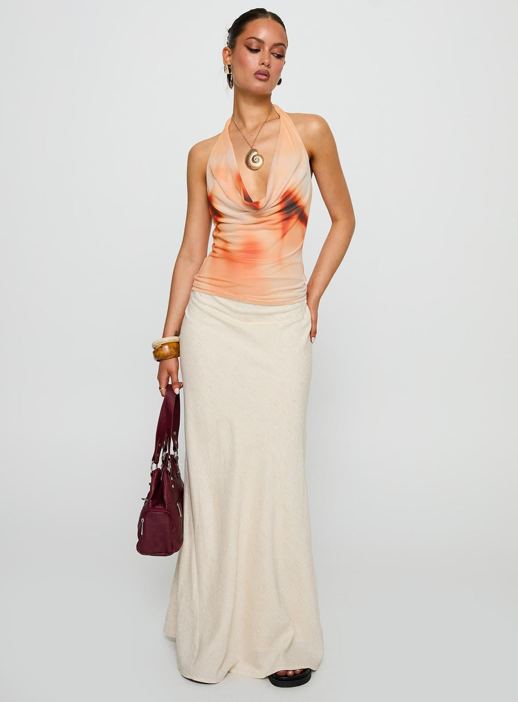 Do It Again Cowl Neck Top Orange Multi