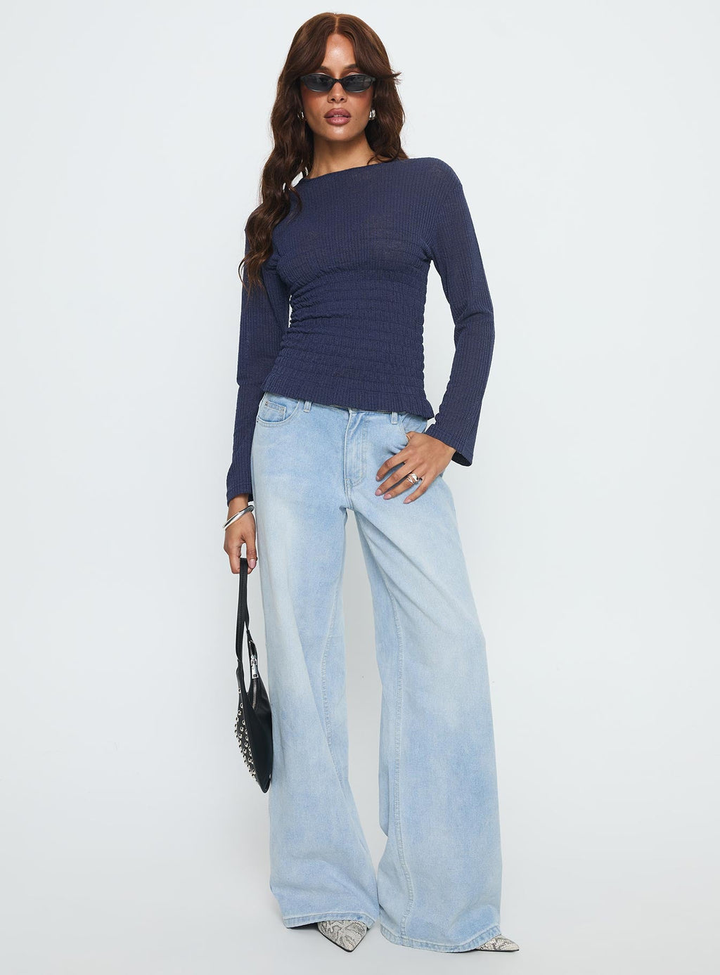 Bradly Shirred Long Sleeve Top Navy