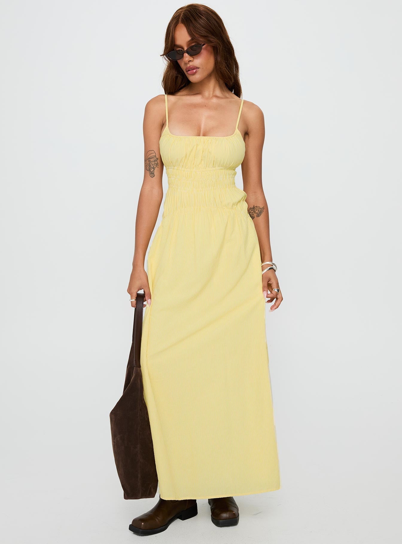 Magnolie Shirred Maxi Dress Yellow Stripe