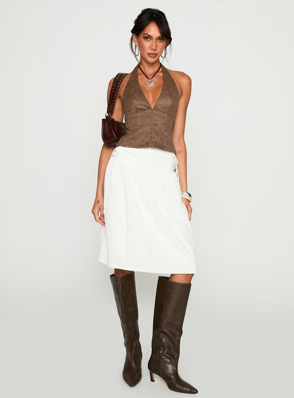 Snowflakes Tie Side Midi Skirt White