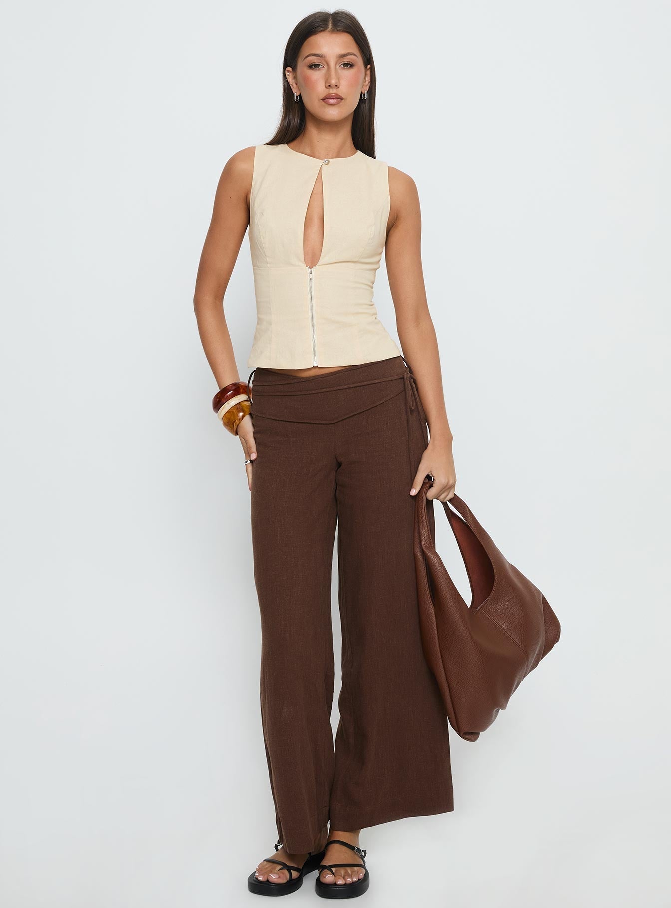 Silver Moon Linen Blend Tie Pants Brown