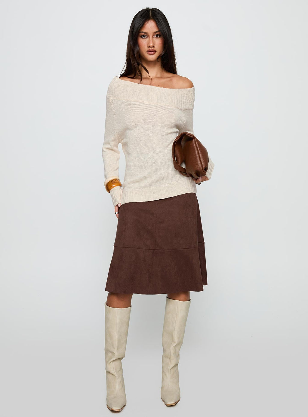 Alyxandra Off Shoulder Knit Sweater Beige