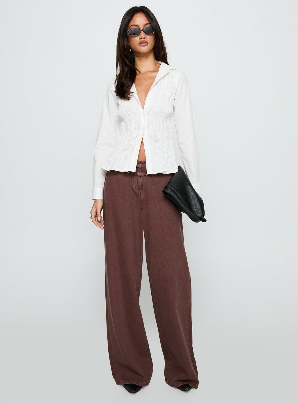 Cultivate Shirred Long Sleeve Top White