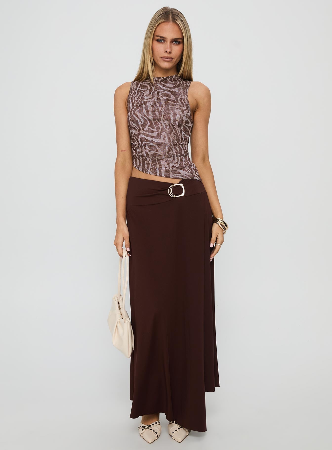 Nola Hardware Slit Maxi Skirt Brown