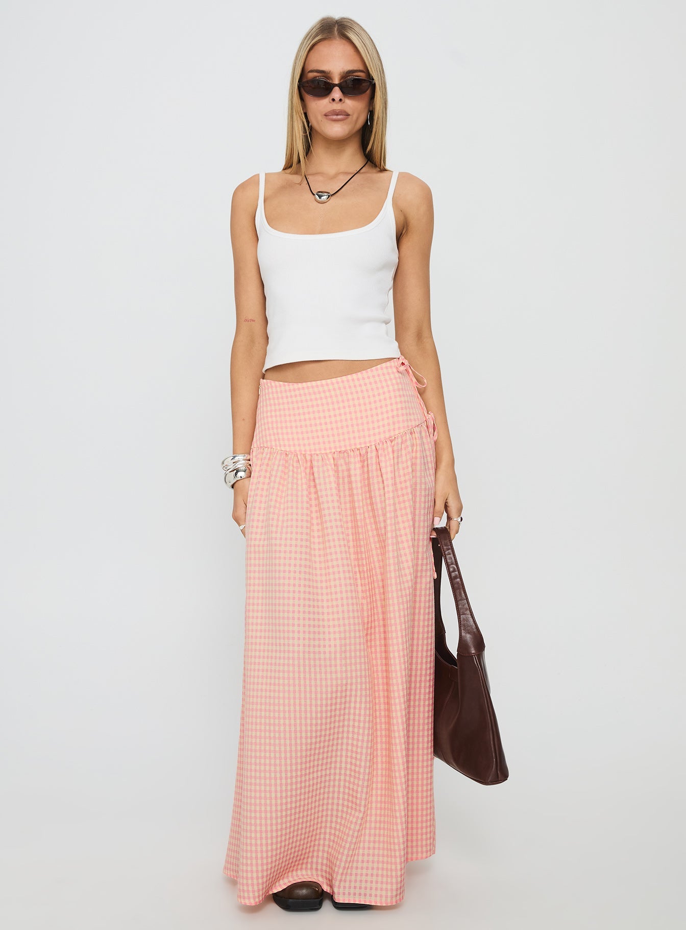 Analeah Tie Side Midi Skirt Orange Check