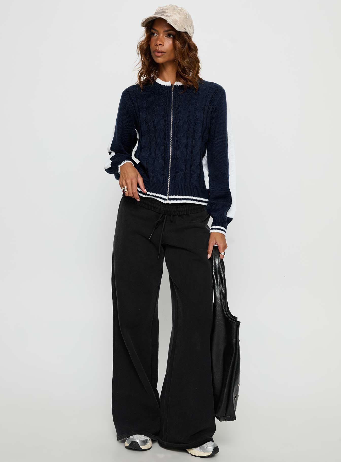 Tevyn Cable Knit Zip Through Knit Sweater Blue / Cream