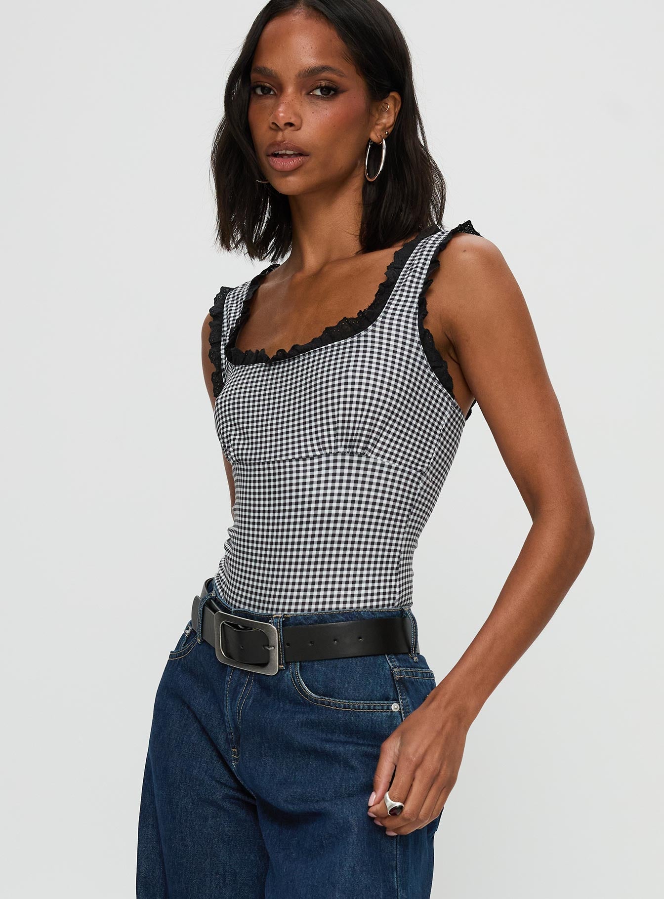 Trustfund Lace Trim Bodysuit Black / White Check