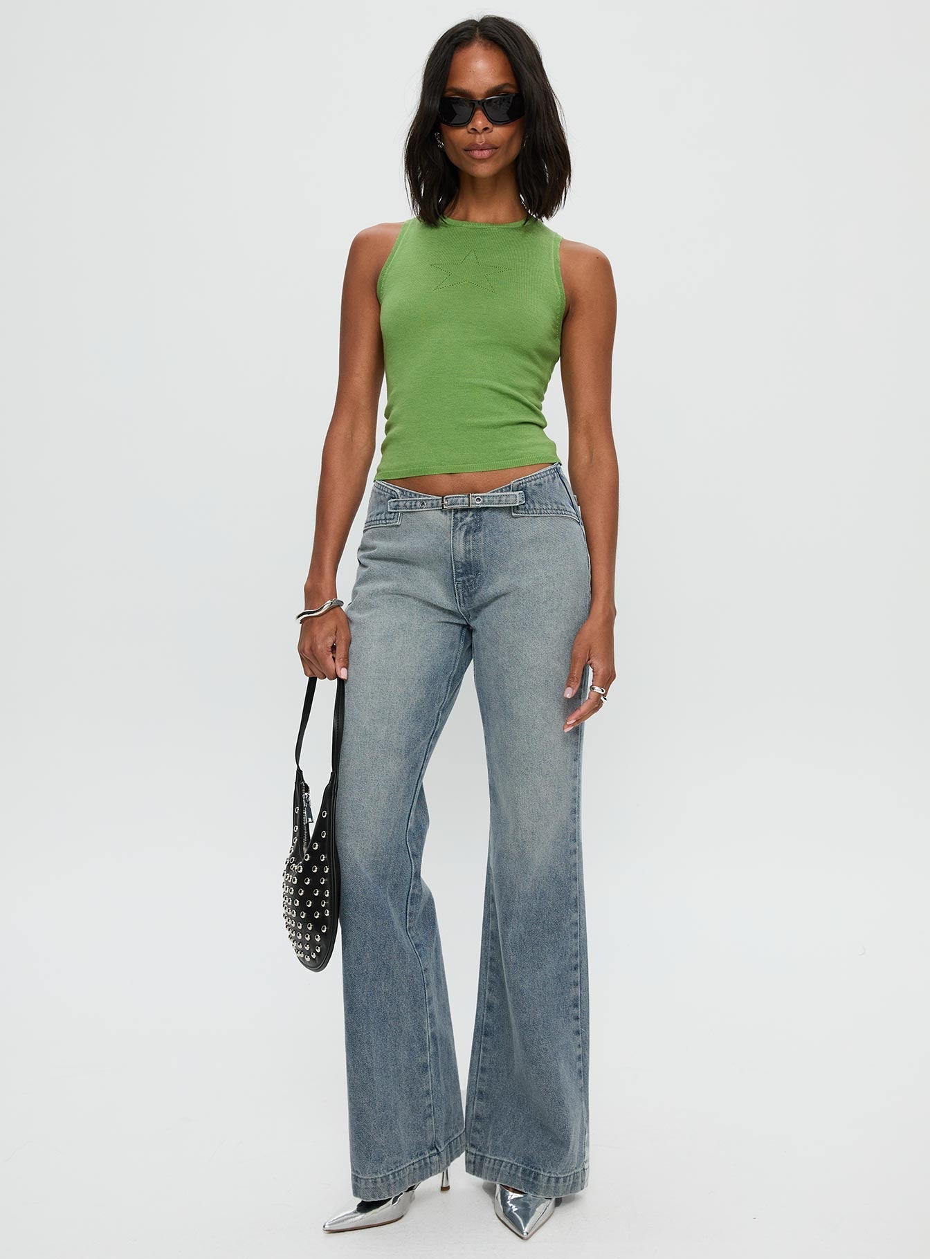 Slow Ride Mid Rise Bootleg Belted Jeans Light Blue