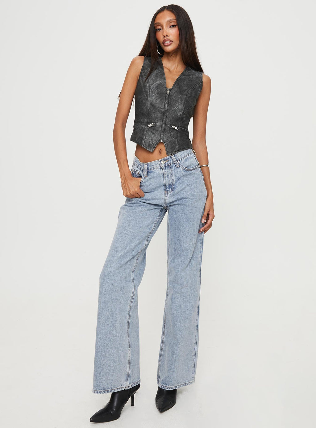 Zillman Faux Leather Vest Top Charcoal