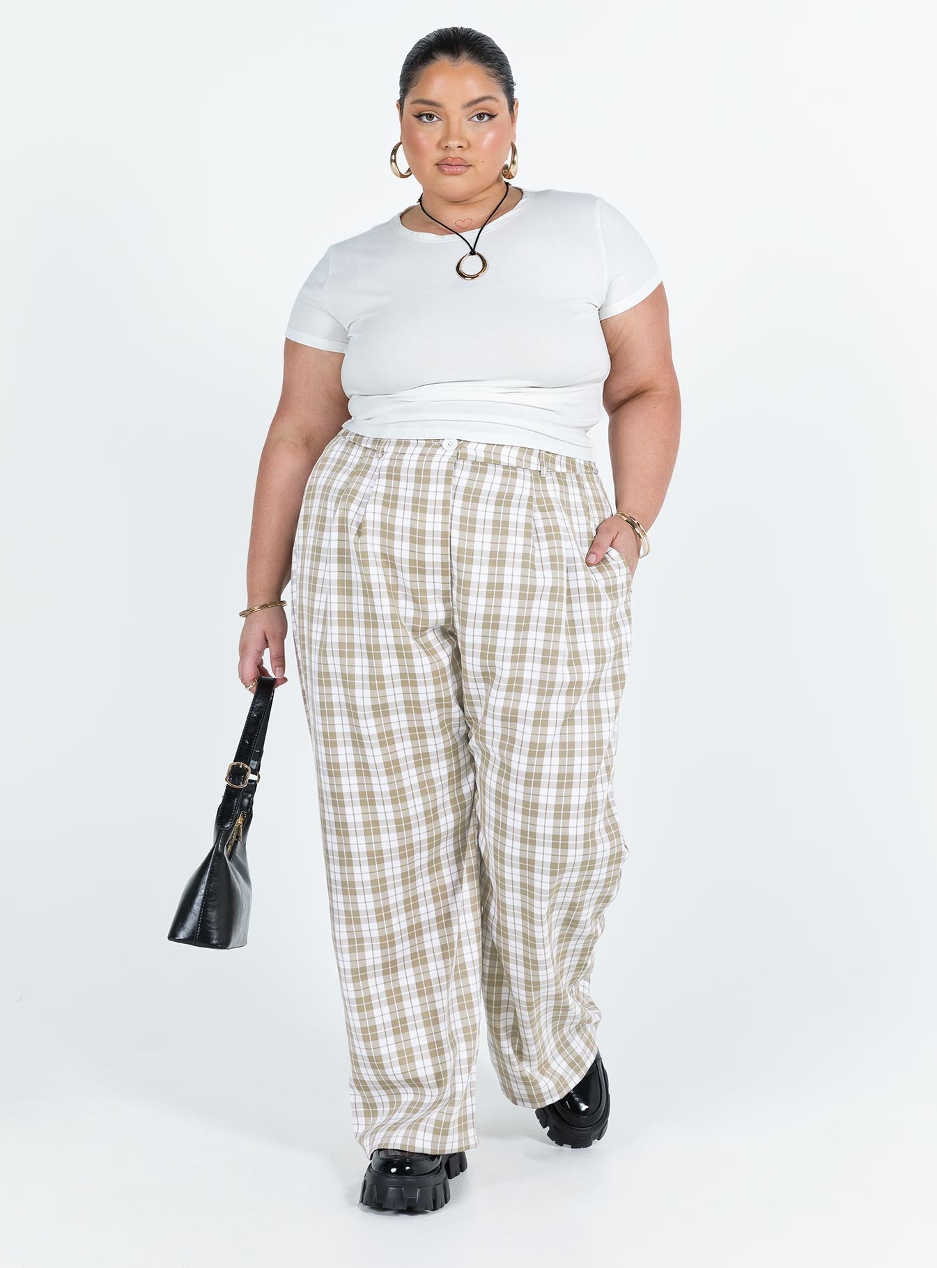 Archer Pants Beige Plaid Curve