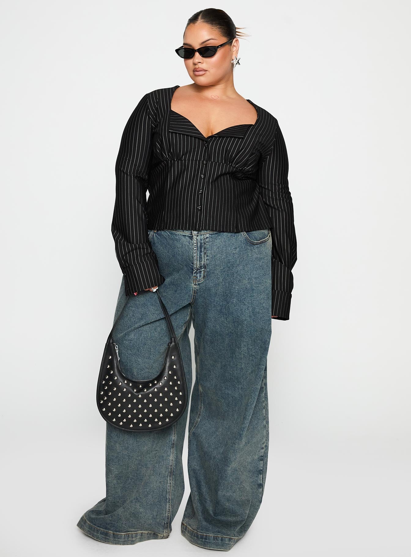 Set For Life Foldover Detail Long Sleeve Top Black / White Pinstripe Curve