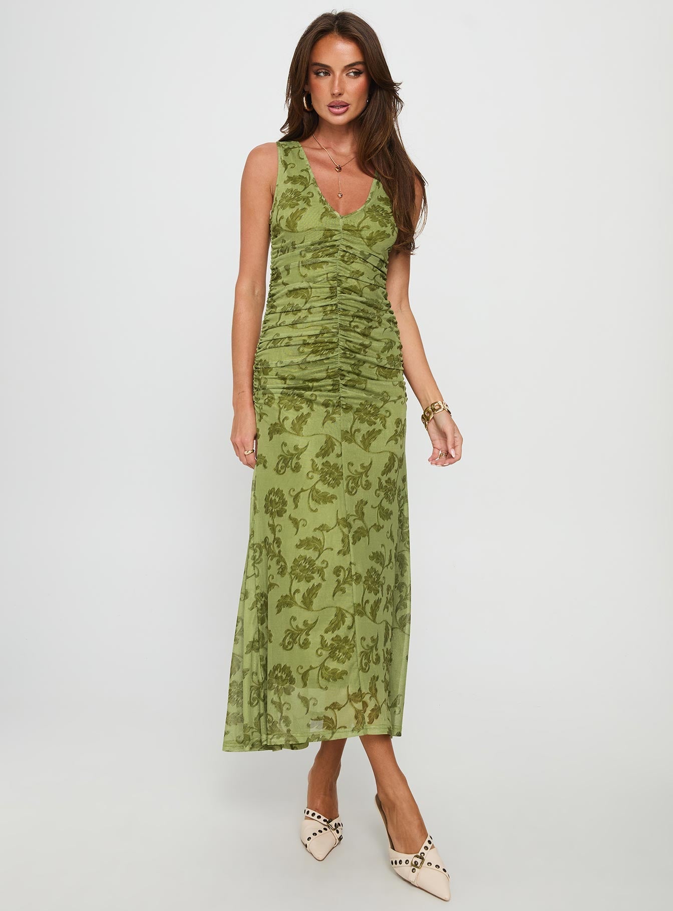 Stefanya Gathered Maxi Dress Green Floral