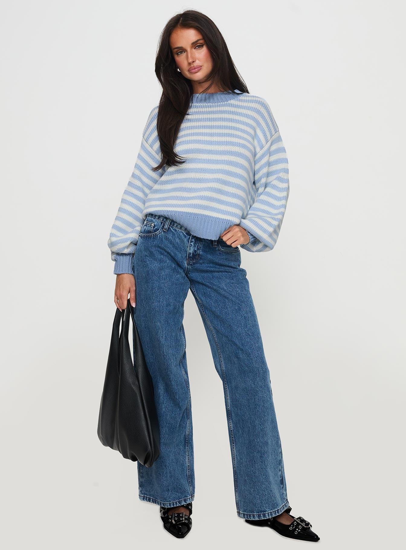 Harmony Balloon Sleeve Knit Sweater Blue / White Stripe