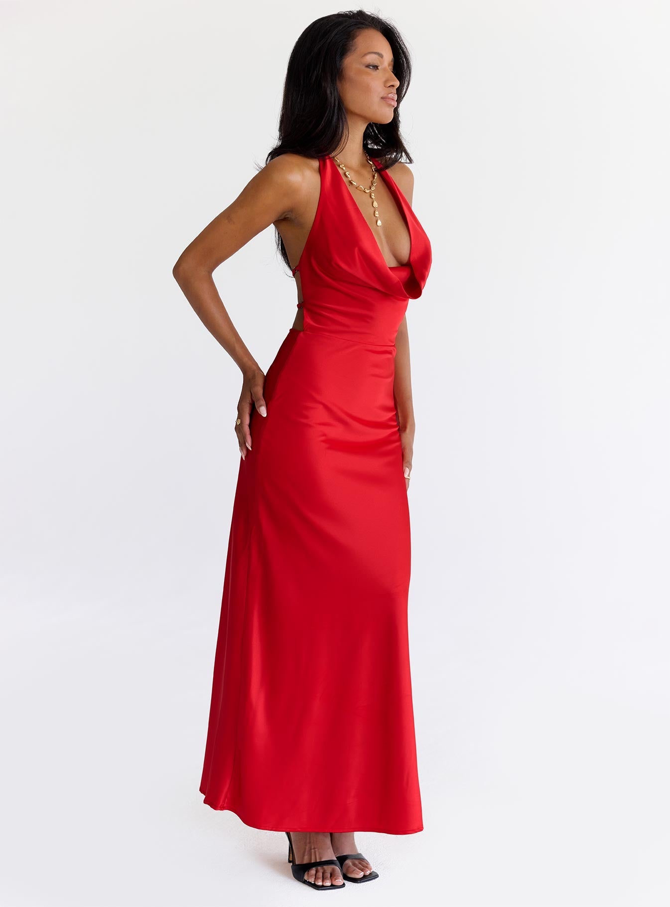 Iridescent Plunge Maxi Dress Red