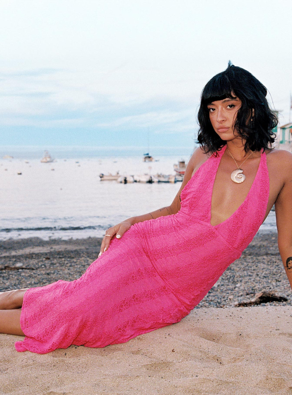 Zoi Lace Halter Maxi Dress Hot Pink