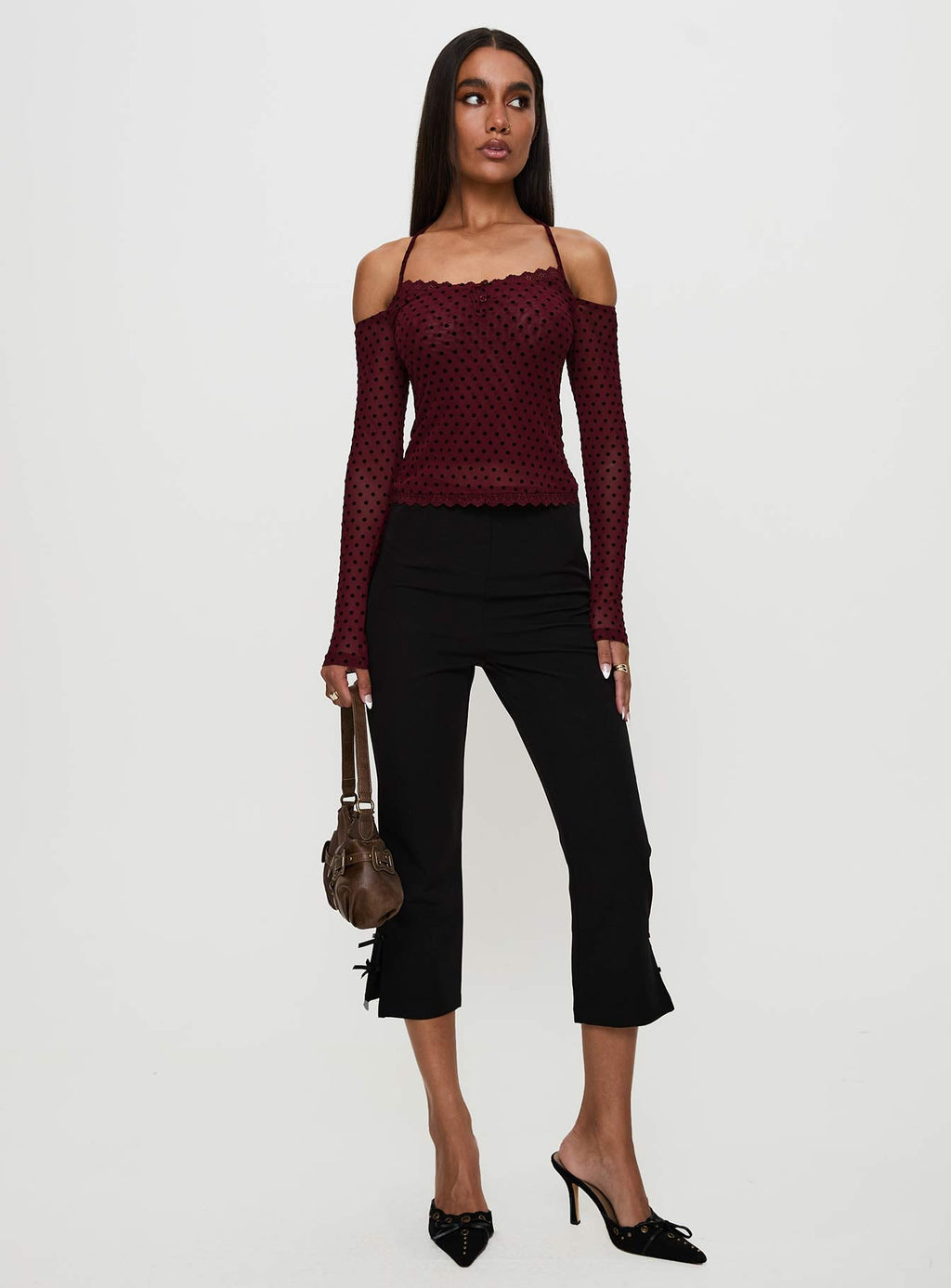 On My Side Off Shoulder Tie Neck Top Burgundy