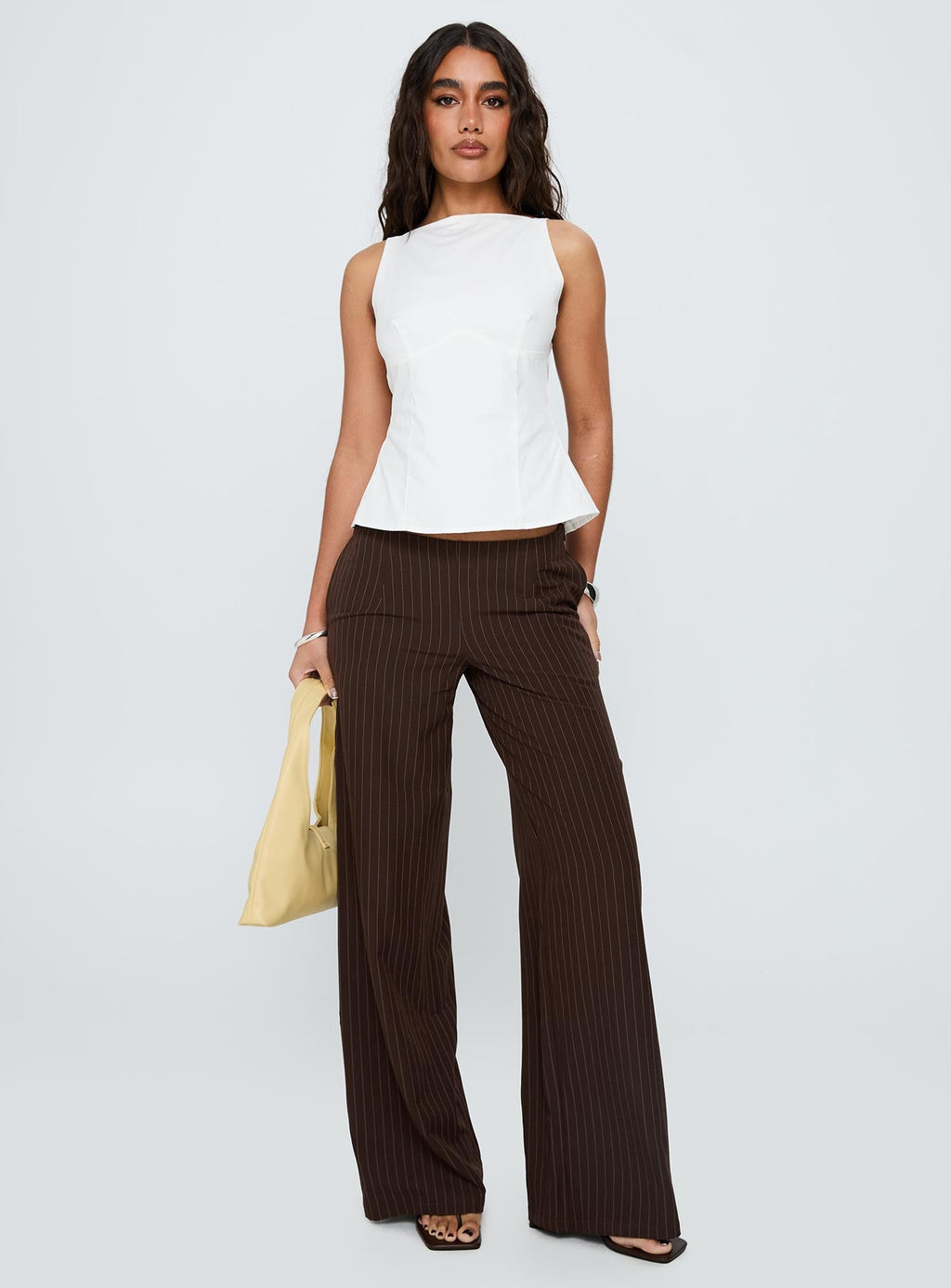 Khane Low Rise Wide Leg Pant Brown Pinstripe