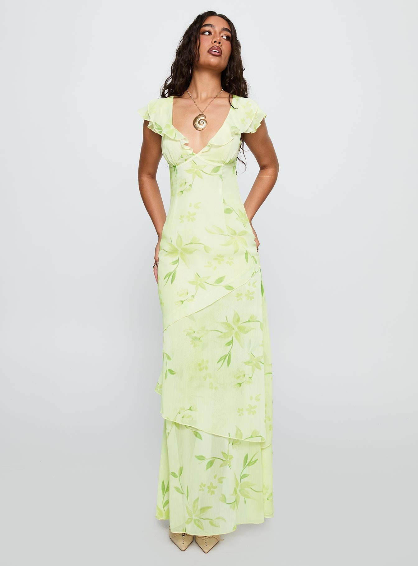 Been Away Frill Maxi Dress Green Multi