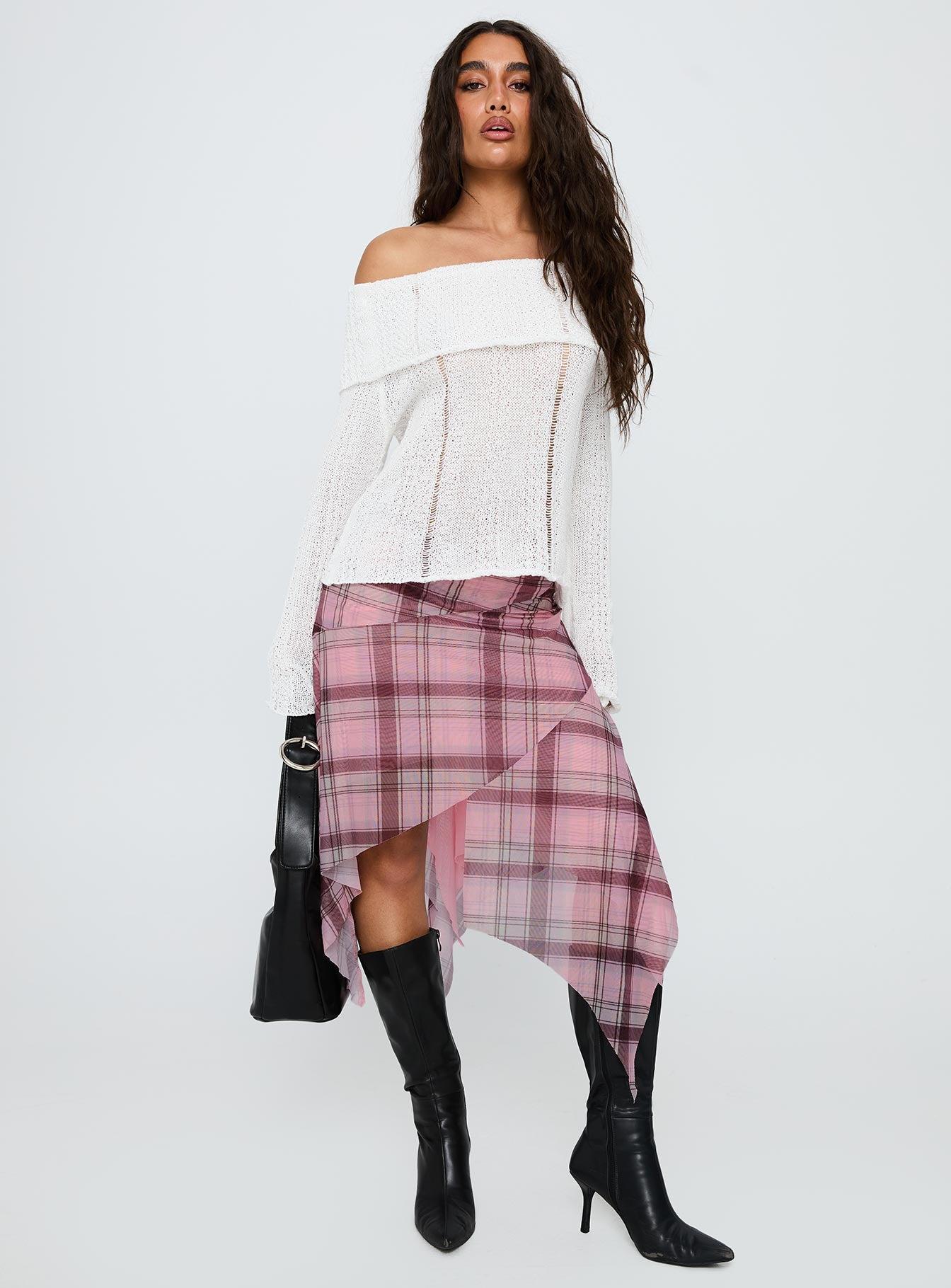 Anali Asymmetrical Midi Skirt Pink / Multi Check