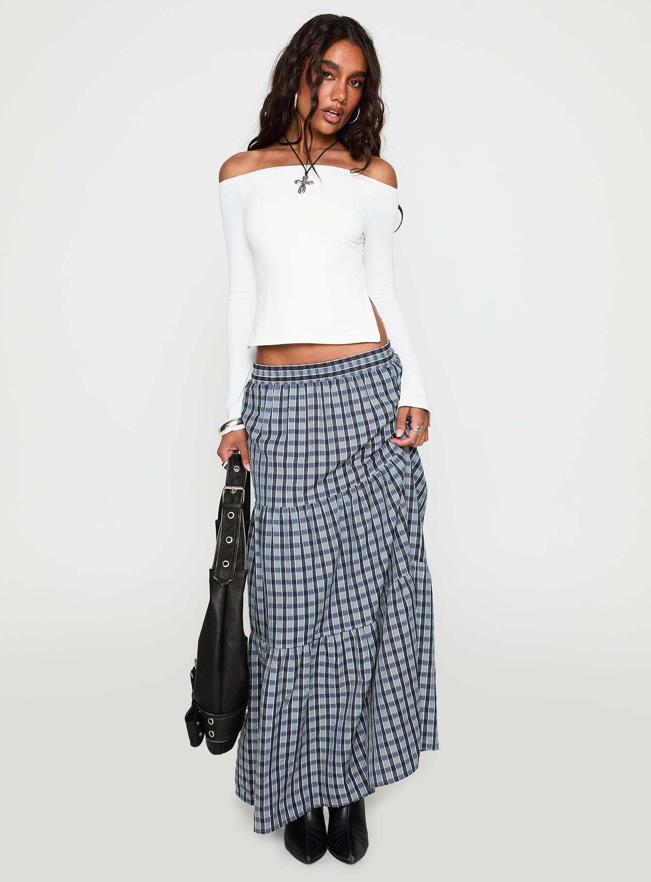 Rockwell Tiered Midi Skirt Navy Check