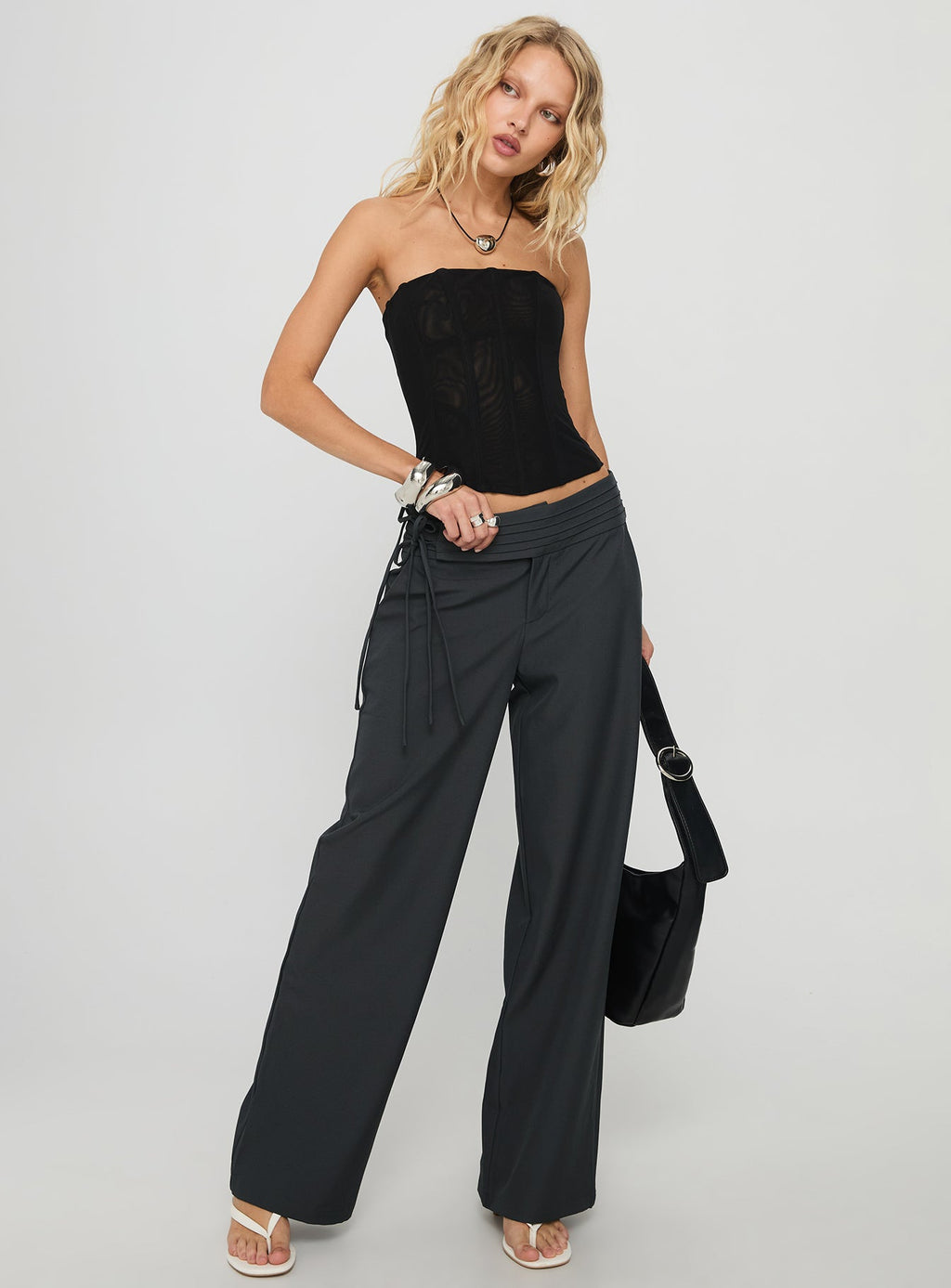 Good Riddance Pleat Tie Slouch Pants Charcoal