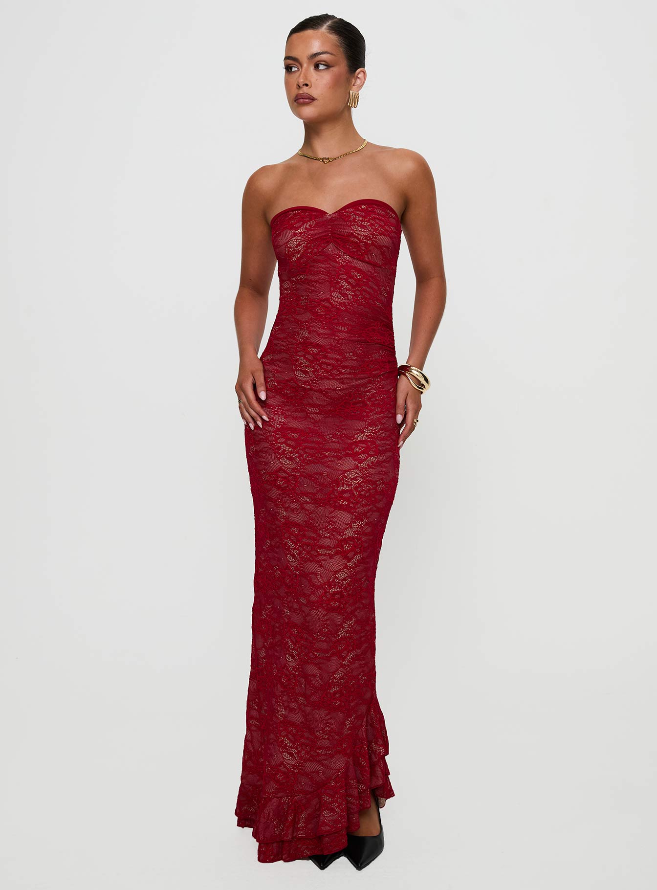 Hailees Lace Strapless Maxi Dress Red