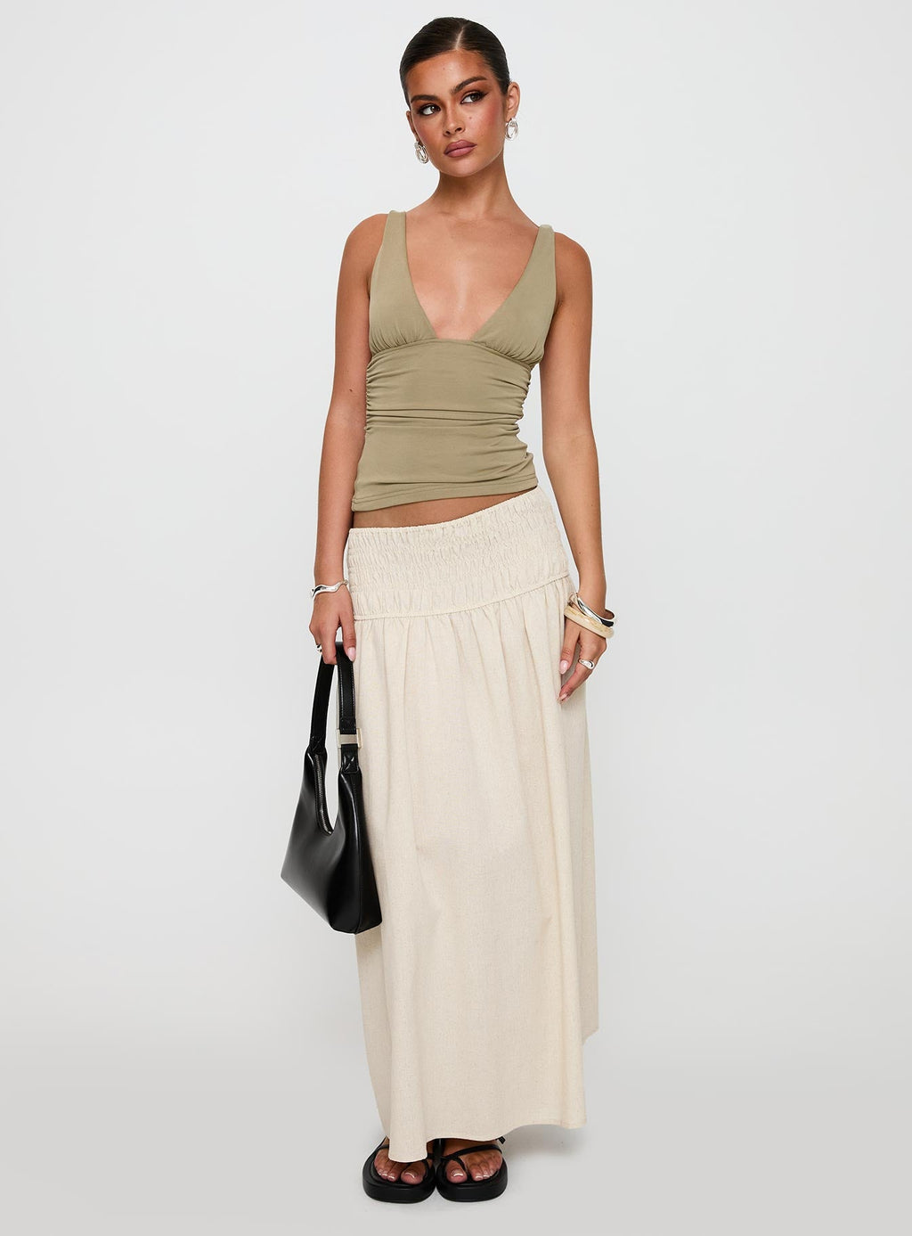 Small Towns Shirred Midi Skirt Beige