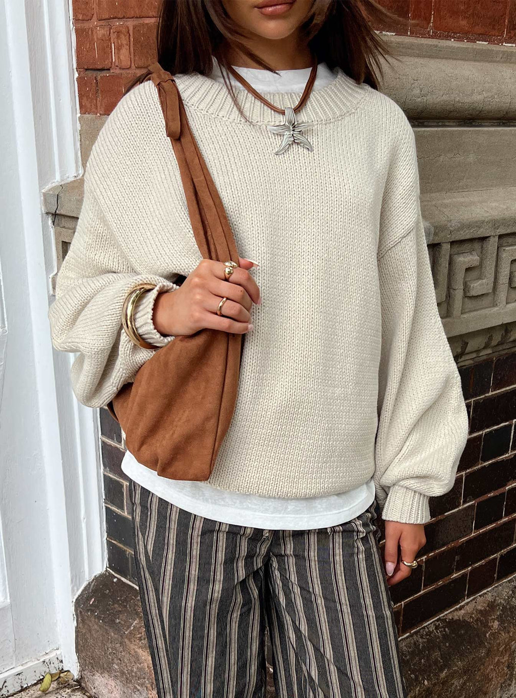 Harmony Balloon Sleeve Knit Sweater Beige