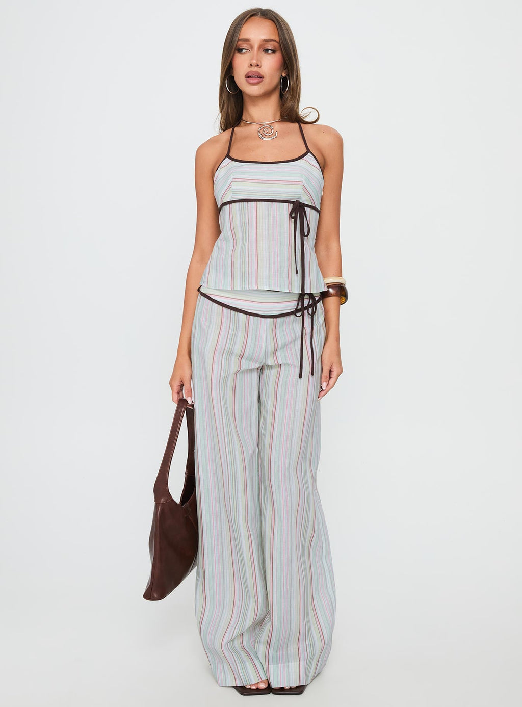 Taylar Thick Waistband Tie Pants Green Stripe