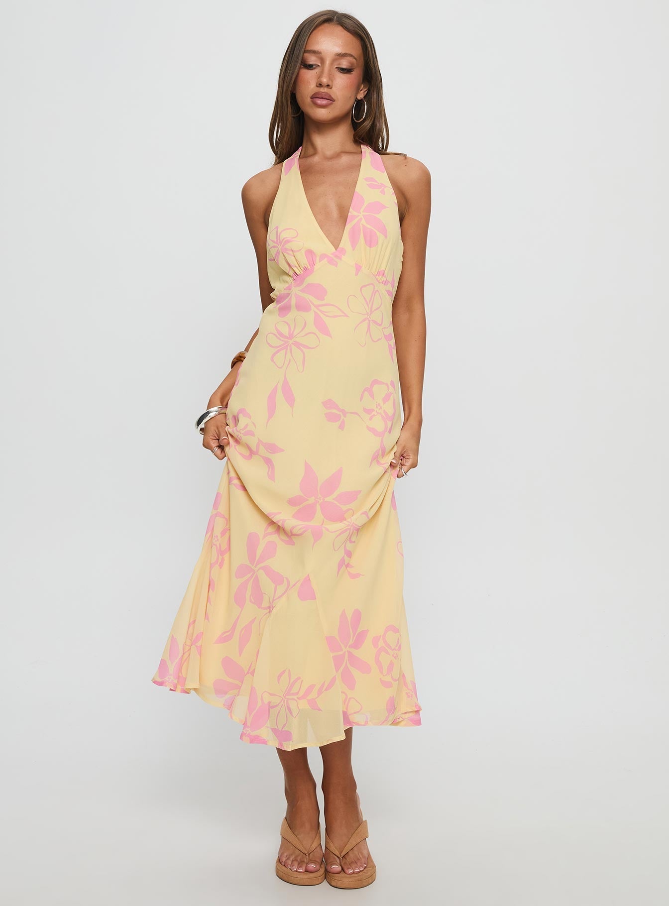 Alayla Halter Midi Dress Yellow Floral