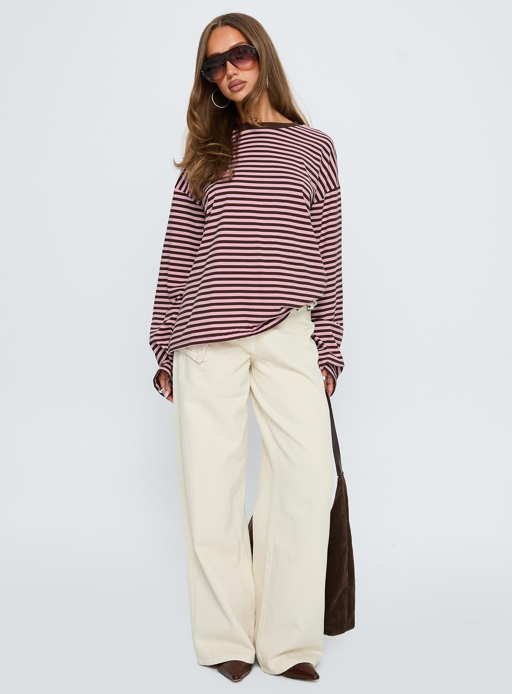 Settle Down Long Sleeve Top Pink / Brown Stripe