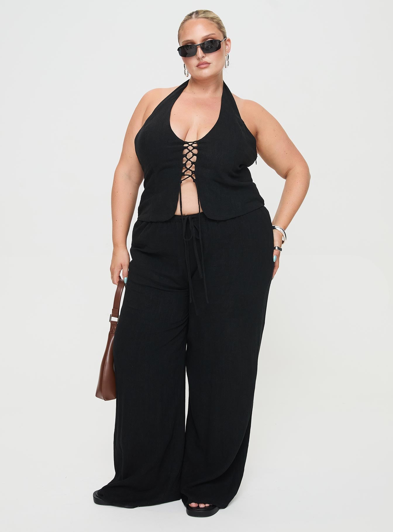 Clouded Linen Blend Vest Top Black Curve
