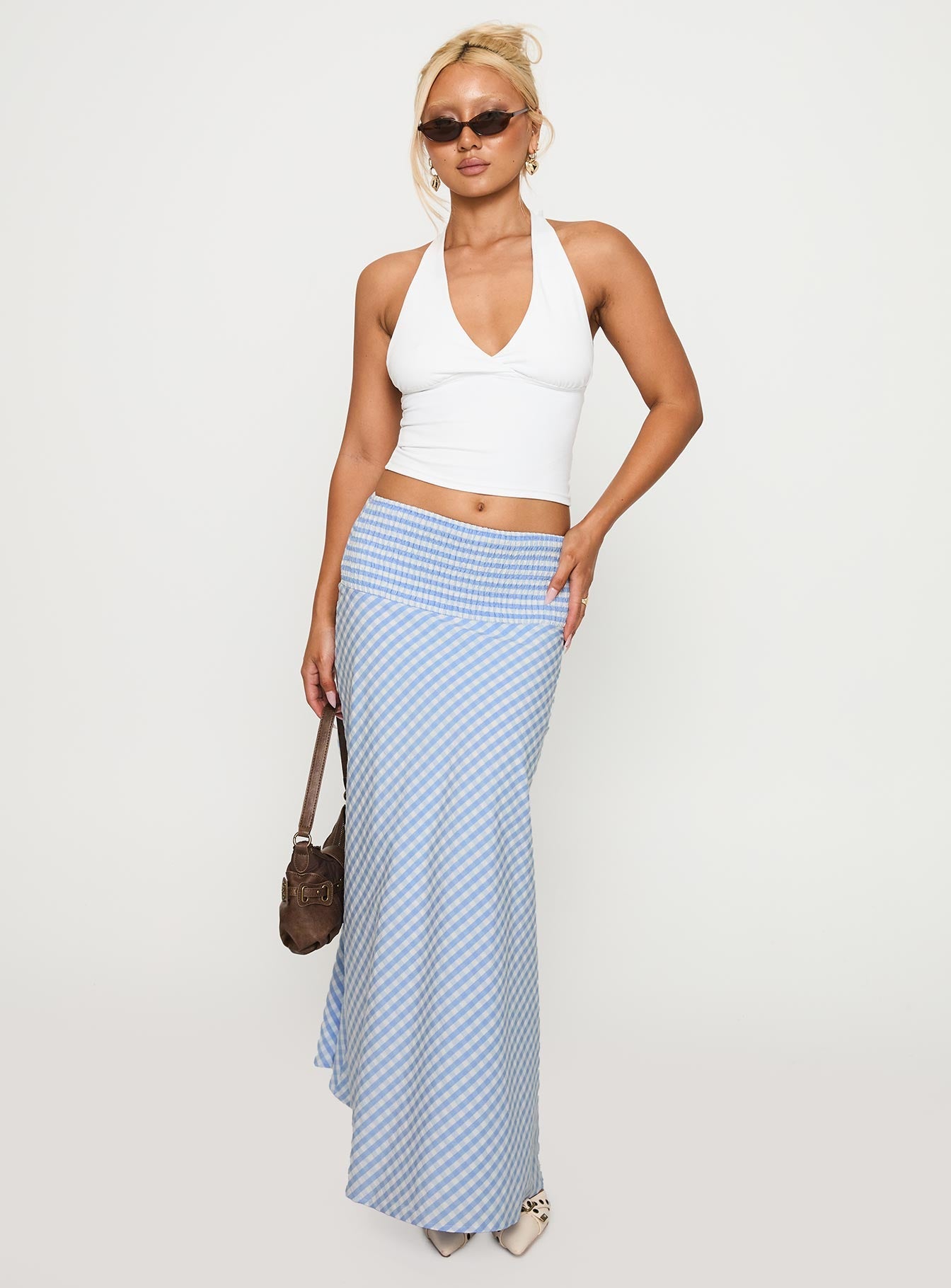 Every Girl Shirred Maxi Skirt Blue Check