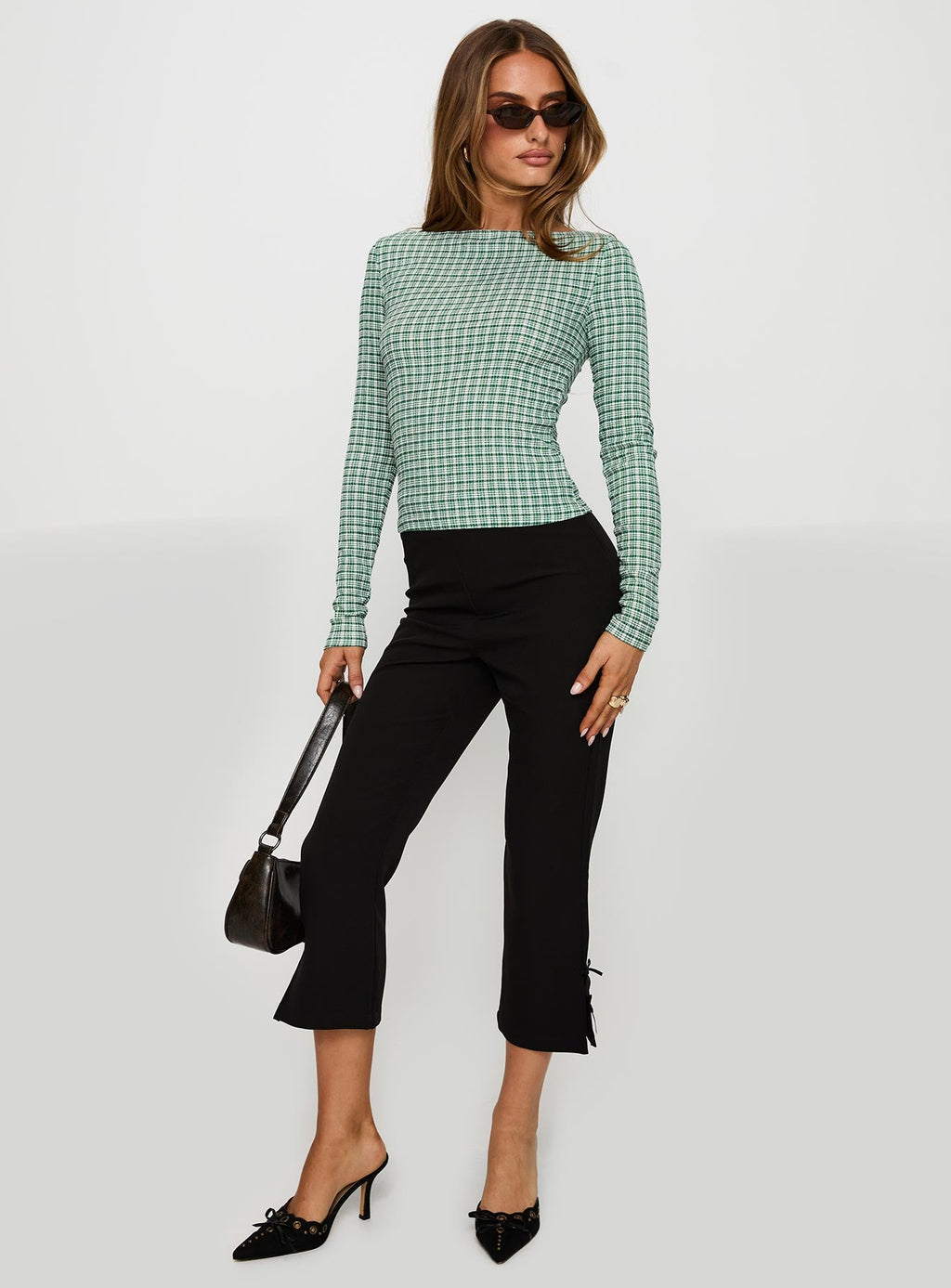 Every Second Boat Neck Long Sleeve Top Green Check