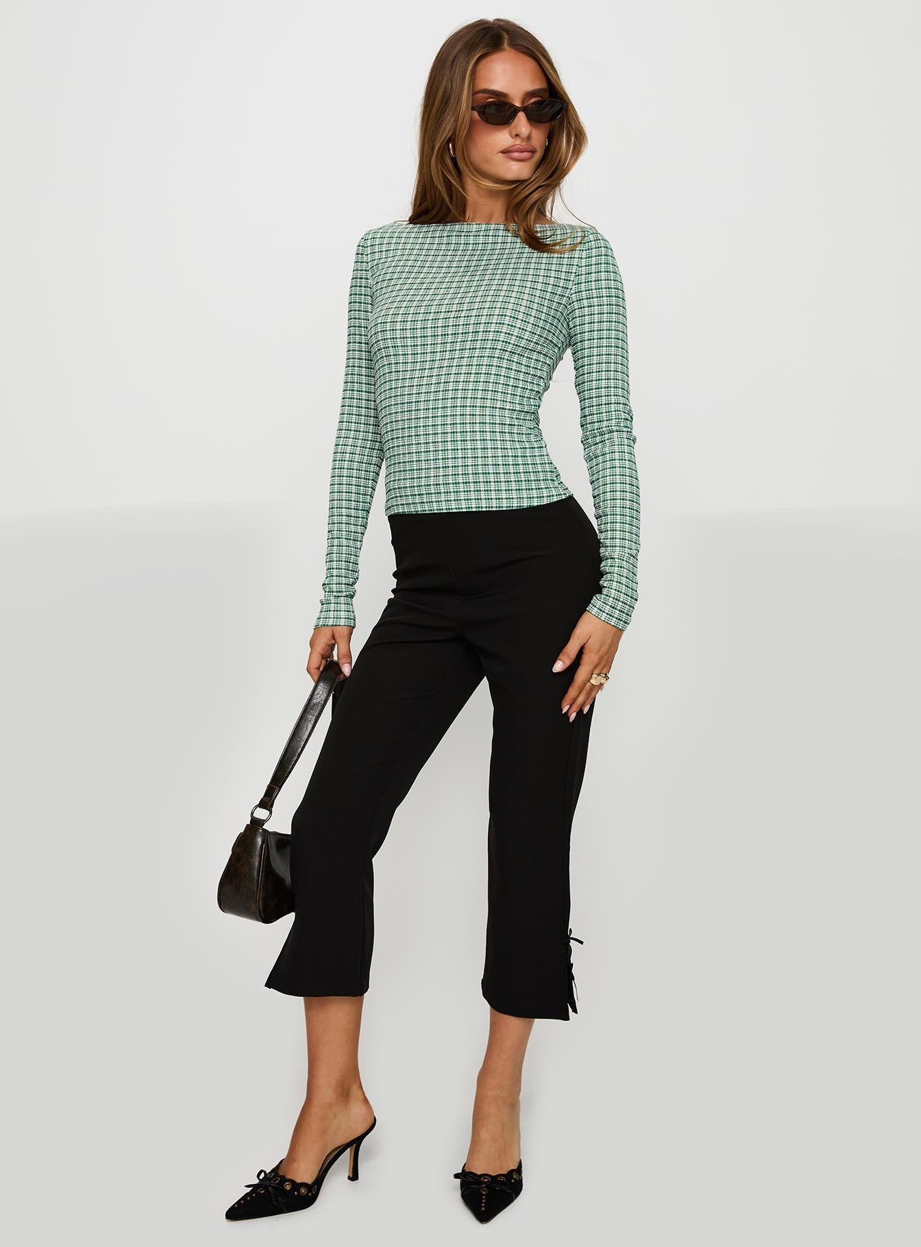 Every Second Boat Neck Long Sleeve Top Green Check