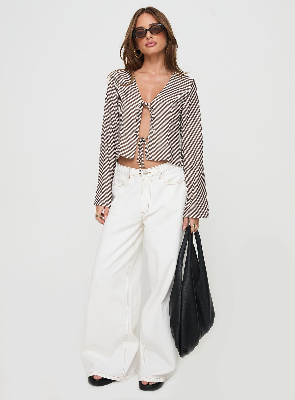 Maxette Long Sleeve Tie Top Brown Stripe