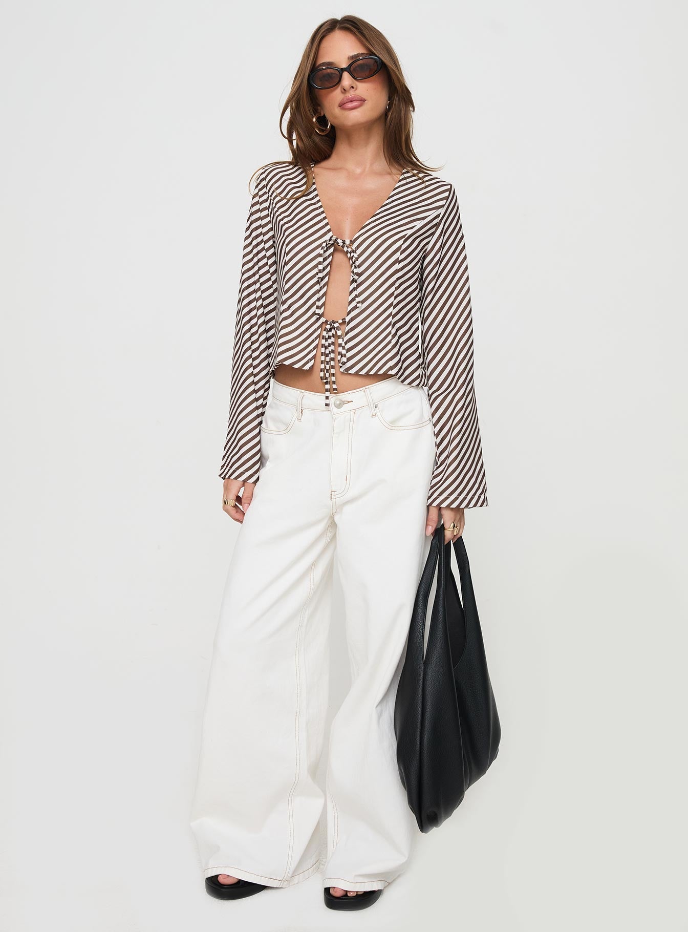 Maxette Long Sleeve Tie Top Brown Stripe